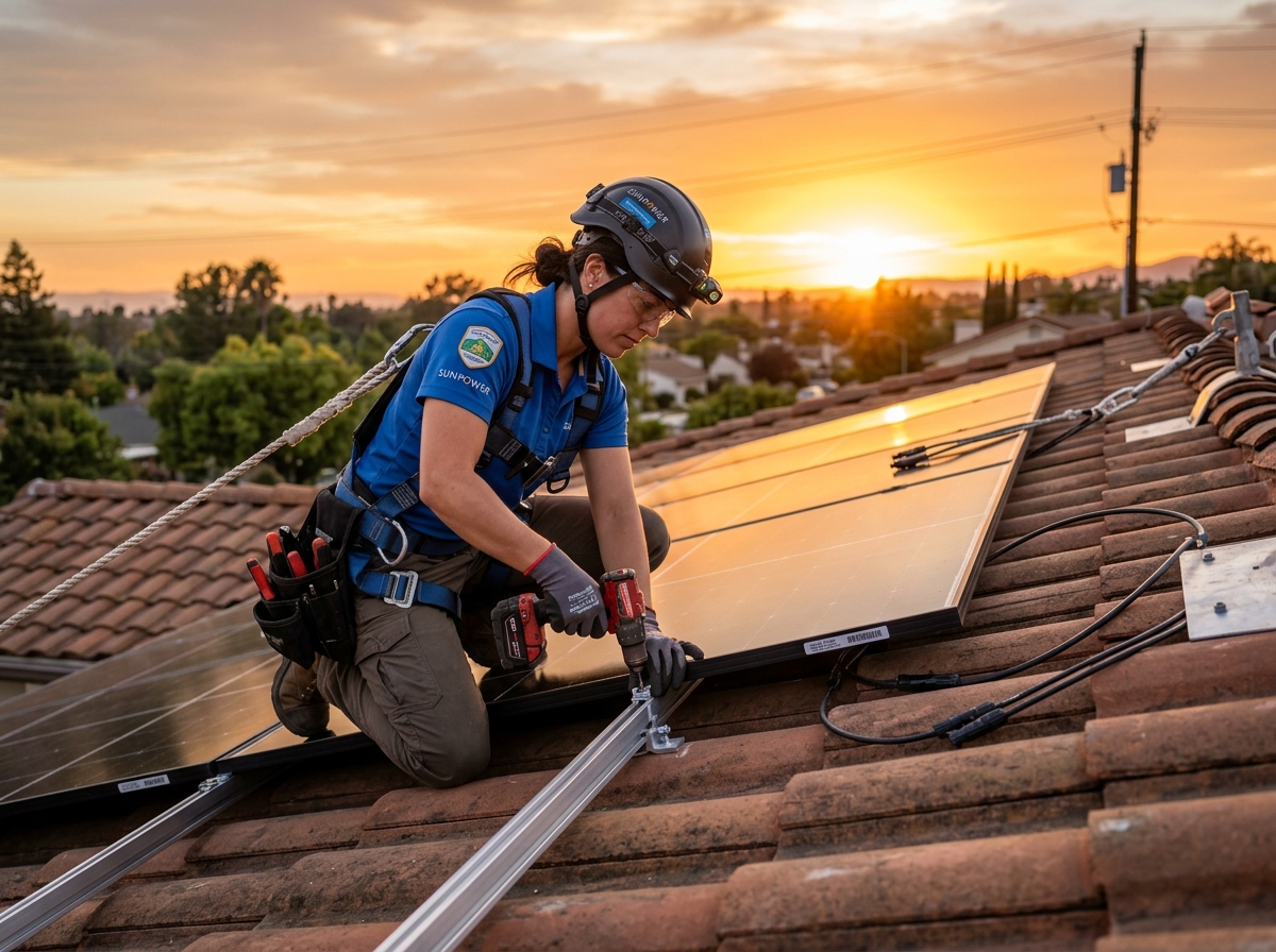 Técnico Instalando Painel Solar no Telhado